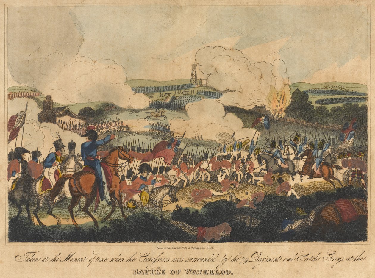 Otettu sillä hetkellä, kun 79 rykmentti ja skotlantilaiset harmaat piirittivät Cuirassiersin Waterloon taistelussa 18. kesäkuuta 1815, kaivertanut Romney ja julkaissut Richard Evans, 1816 (co. tekijältä William Heath