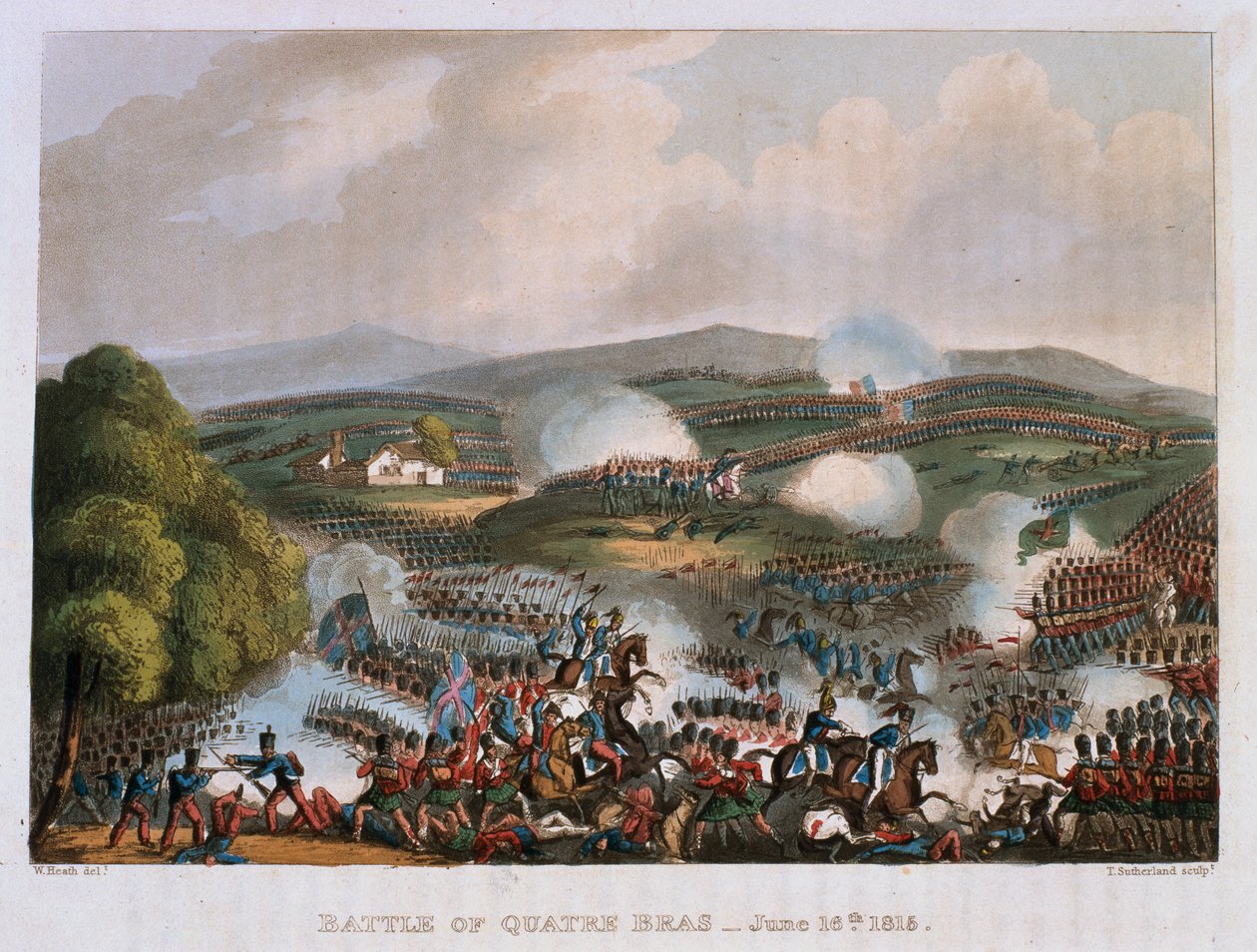 Quatre Brasin taistelu 16. kesäkuuta 1815, kaiverrus Thomas Sutherland, 1815 (värillinen akvatinta) tekijältä William Heath