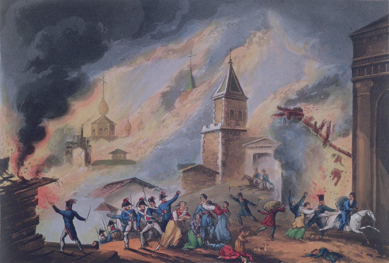 Moskovan palaminen, syyskuu 1812, kaiverrus Thomas Sutherland (b.c.1785) (akvatintakaiverrus) tekijältä William Heath
