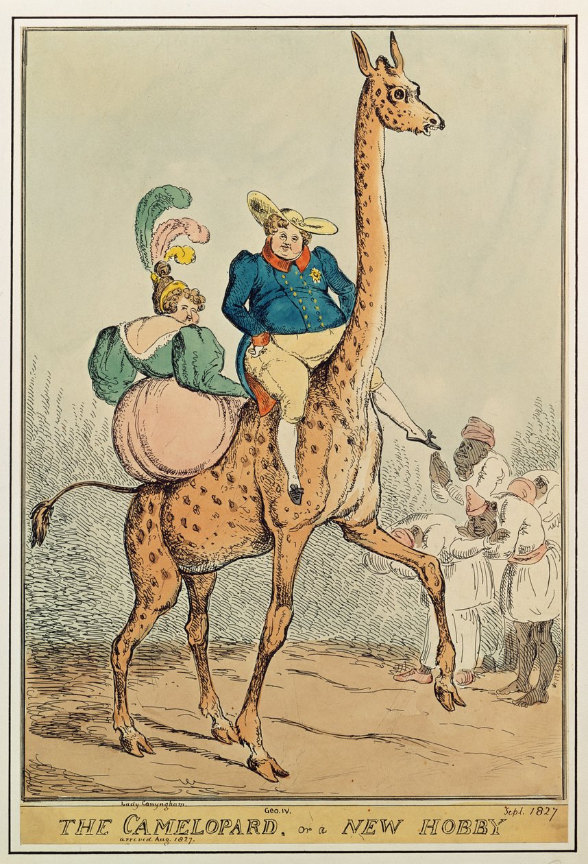 Camelopard tai uusi harrastus, 1827 (värikaiverrus) tekijältä William Heath