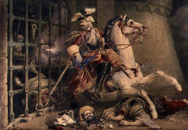 Ratsuväen upseeri pakenemassa turkkilaisista, n. 1830 (akvarelli lyijykynällä korotettuna guassilla paperille) tekijältä William Heath