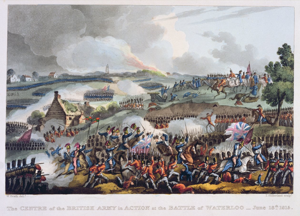 Brittiarmeijan keskus toiminnassa Waterloon taistelussa, 18. kesäkuuta 1815, James Jenkinsin teoksesta The Martial Achievements of Great Britain and her Allies from 1799-1815, kaiverrus Tho tekijältä William Heath