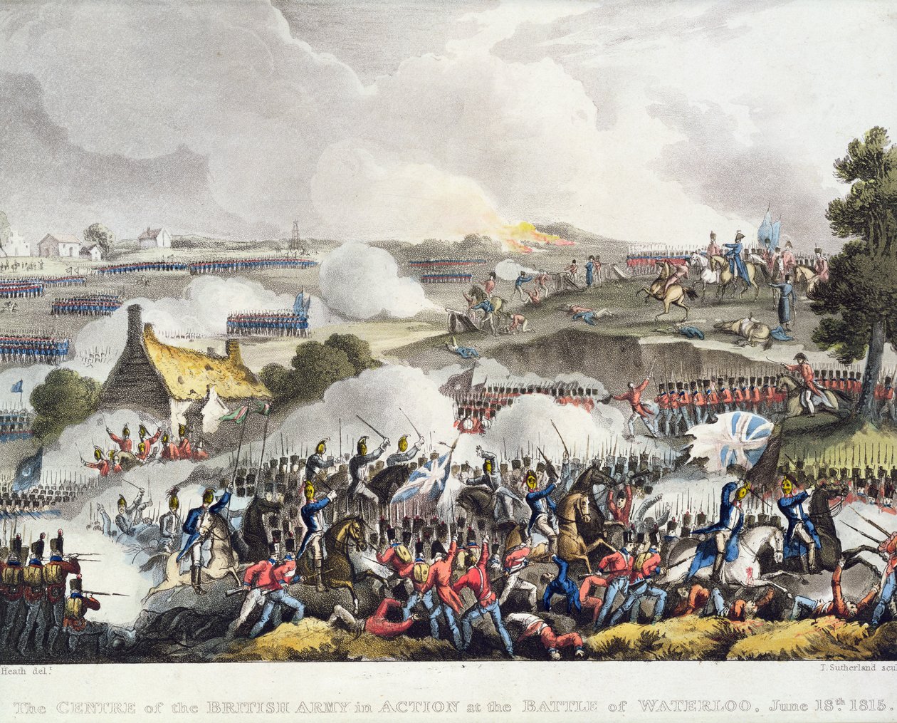Brittiarmeijan keskus toiminnassa Waterloon taistelussa, 18. kesäkuuta 1815, kaiverrus Sutherland tekijältä William Heath