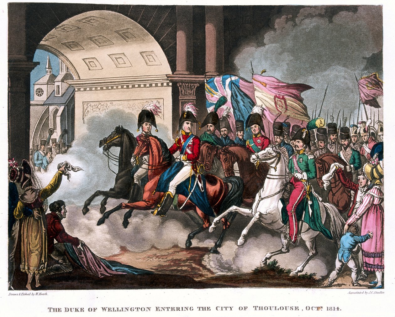 Wellingtonin herttua (1769-1852) saapumassa Toulousen kaupunkiin vuonna 1814, kuvitus Dr. Syntaxin kerronnalliseen runoon, julkaistu 1818 (värillinen akvatinta) tekijältä William Heath