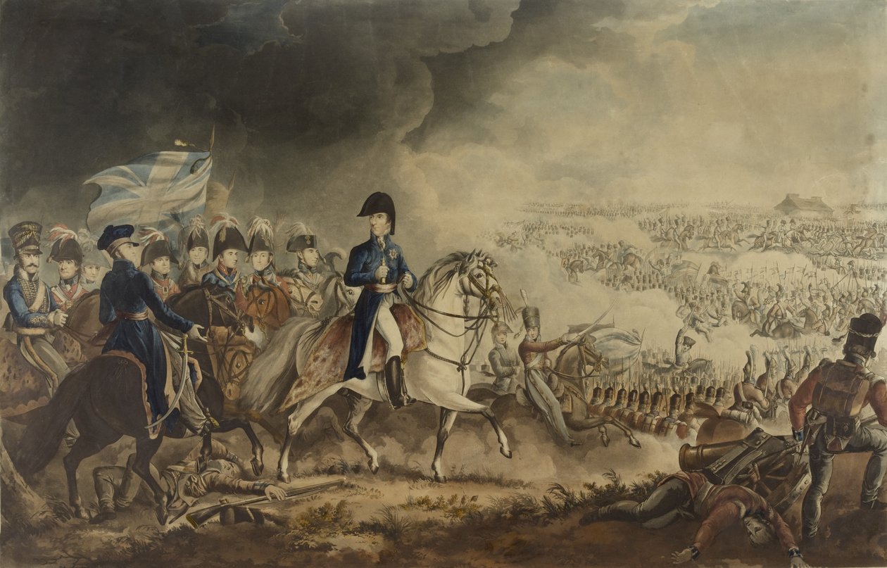The Duke of Wellington ja arvostetuimmat upseerit Waterloon taistelussa, 18. kesäkuuta 1815, W.T. Fryn ja T. Sutherlandin akvatinta, julkaisija J. Jenkins, Lontoo, 18. kesäkuuta 1817 (värillinen aquati tekijältä William Heath