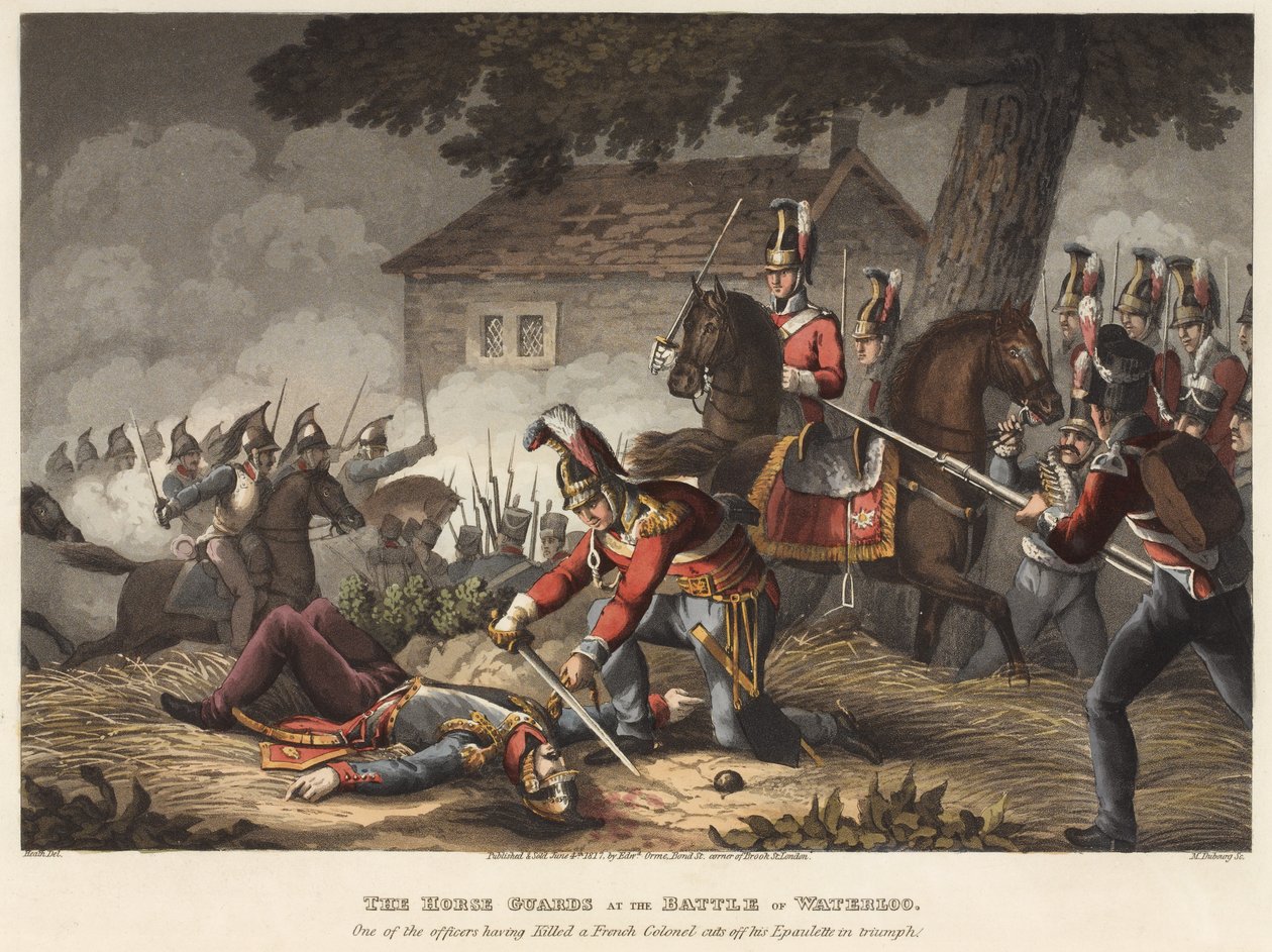 Hevosvartijat Waterloon taistelussa, yksi upseereista, joka tappoi ranskalaisen everstin, katkaisee epolettinsa voittoon, kaiverrettu M. Dubourg, 1819 (värinen akvatinta) tekijältä William Heath