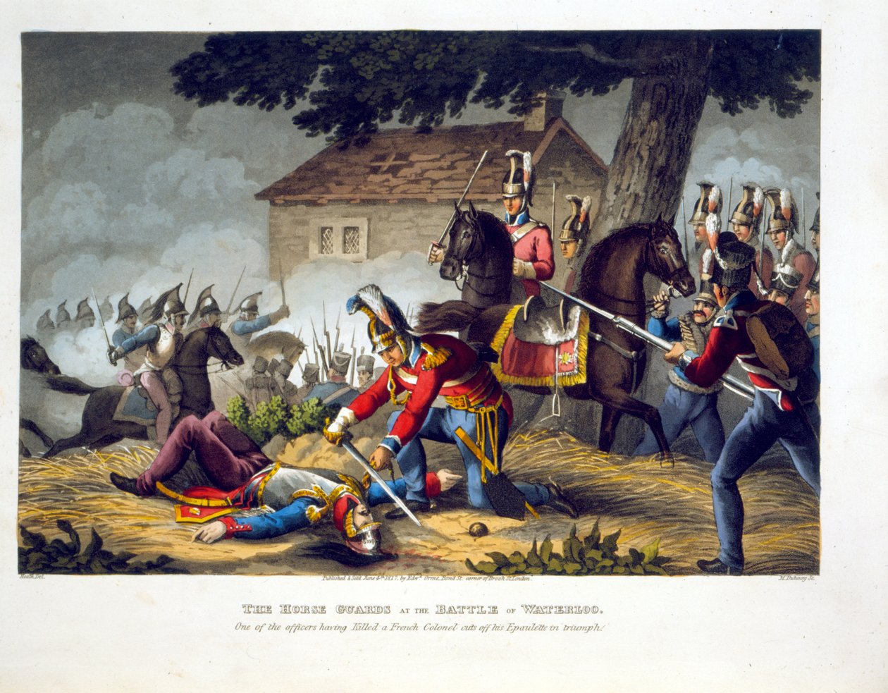 Hevosvartijat Waterloon taistelussa, kaiverrettu Matthew Dubourgin (fl.1813-20) teoksesta Historic, Military and Naval Anekdootit, pub. kirjoittanut Edward Orme (1774-n. 1820) 1817 (akvatinta) tekijältä William Heath
