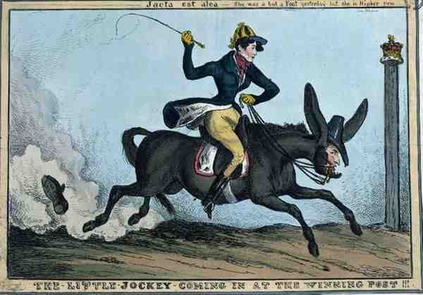 "Pikku Jockey tulossa voittopostille!!!", n.1831 (värillinen etsaus) tekijältä William Heath