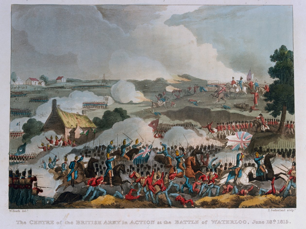 Britannian armeijan keskusta Waterloon taistelussa 1815 (akvatintta). tekijältä William Heath