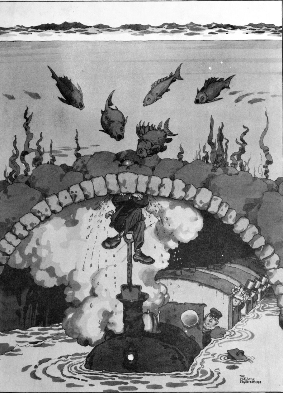 Vuoto kanaalitunnelissa, kuva julkaisusta "Keksinnöt" tekijältä William Heath Robinson