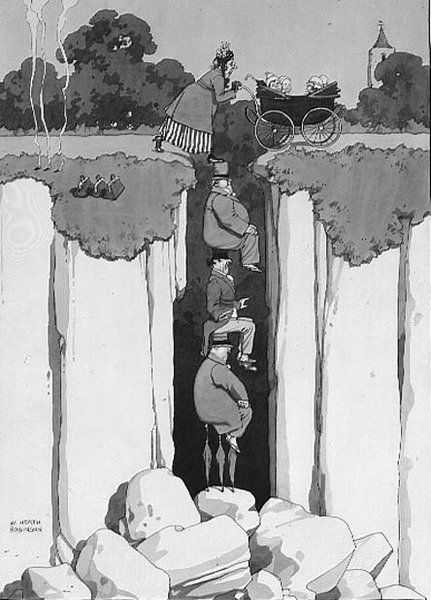 Ystävällisyys, kolmen herrasmiehen huomaavaisuus auttaessaan naista kuilun yli (kynä ja muste, akvarelli) tekijältä William Heath Robinson