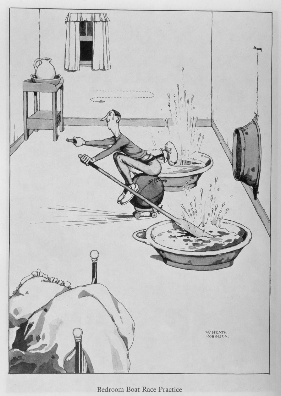 Makuuhuoneen venekilpailuharjoitus, kuva julkaisusta "Keksinnöt" tekijältä William Heath Robinson