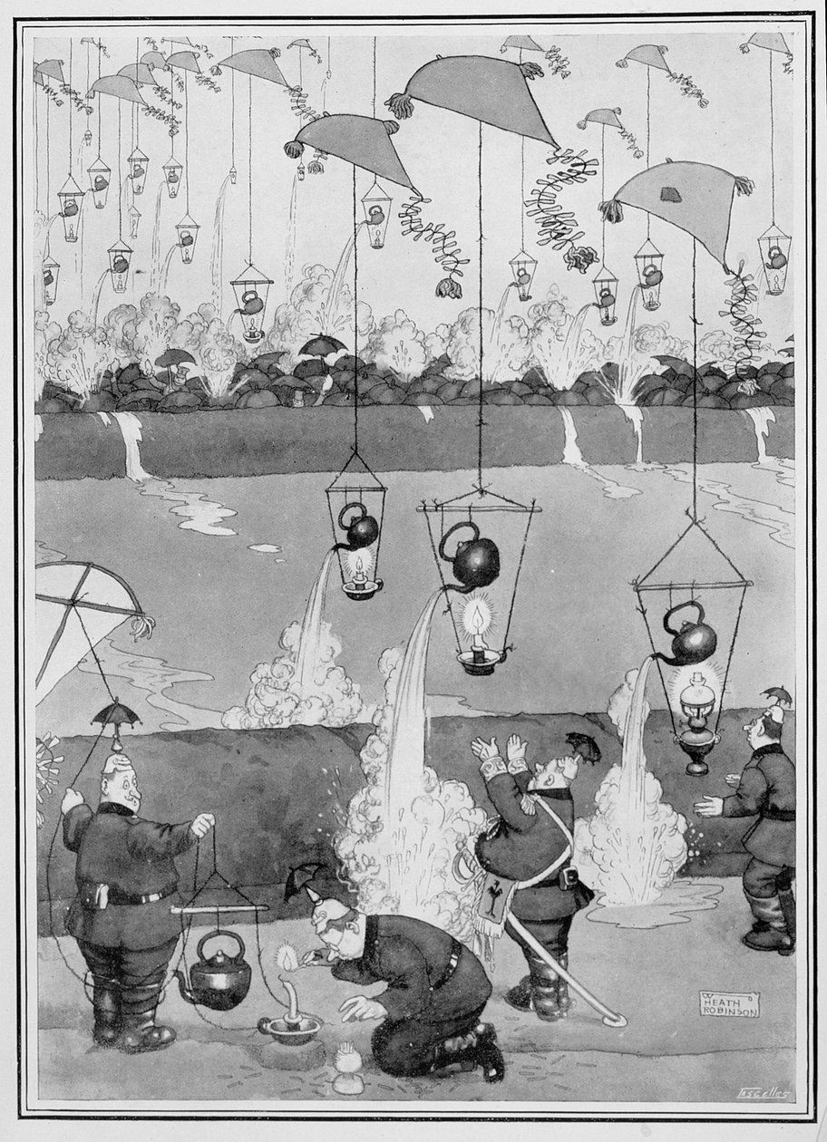 Flying Kettle Attack, Some Frightful War Pictures, 1915 (tulostus) tekijältä William Heath Robinson