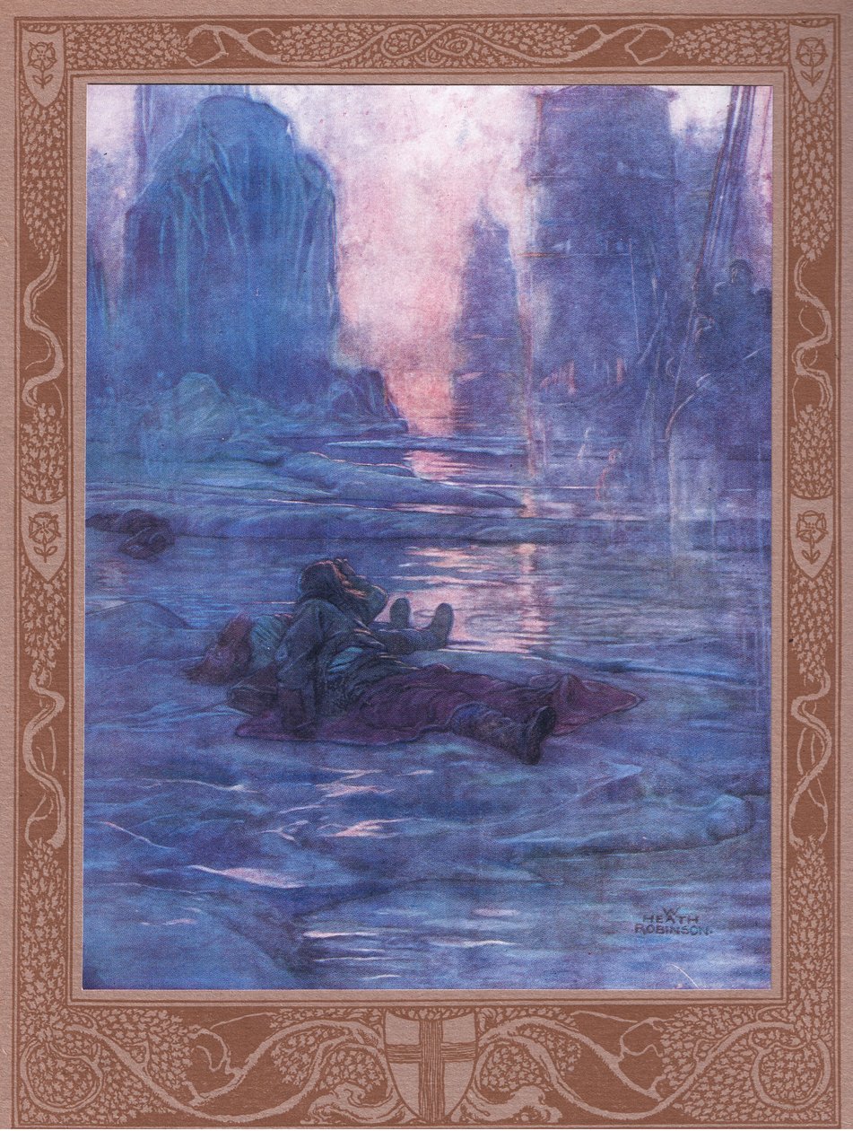 Seuratkaa meitä - odotamme kadonneiden polkujen varrella. Odotamme monien askelten ääniä, joukkojen askelia. tekijältä William Heath Robinson
