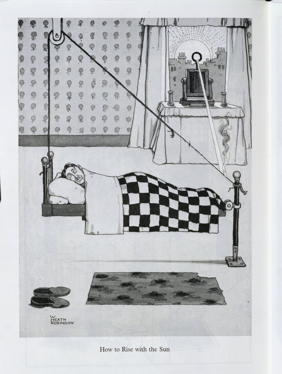 Kuinka nousta auringon kanssa, kuva julkaisusta "Keksinnöt" tekijältä William Heath Robinson