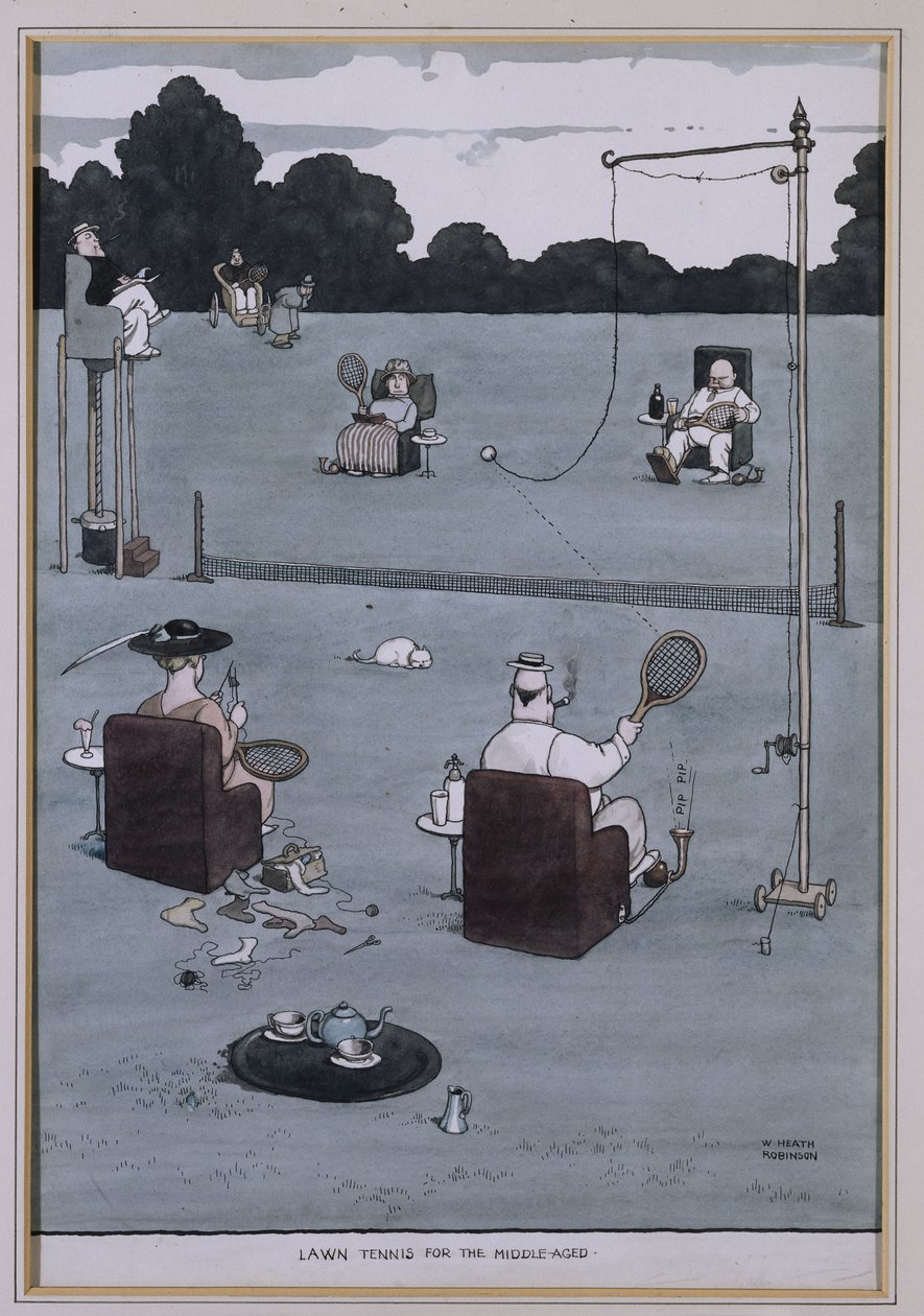 Nurmikkotennis keski-ikäisille (kynä ja muste ja w/c) tekijältä William Heath Robinson
