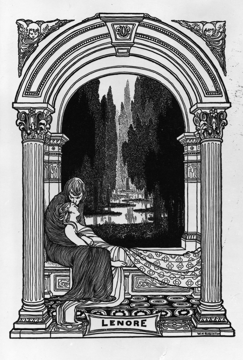 Lenore, teoksesta "Edgar Allan Poen runot", 1900. tekijältä William Heath Robinson