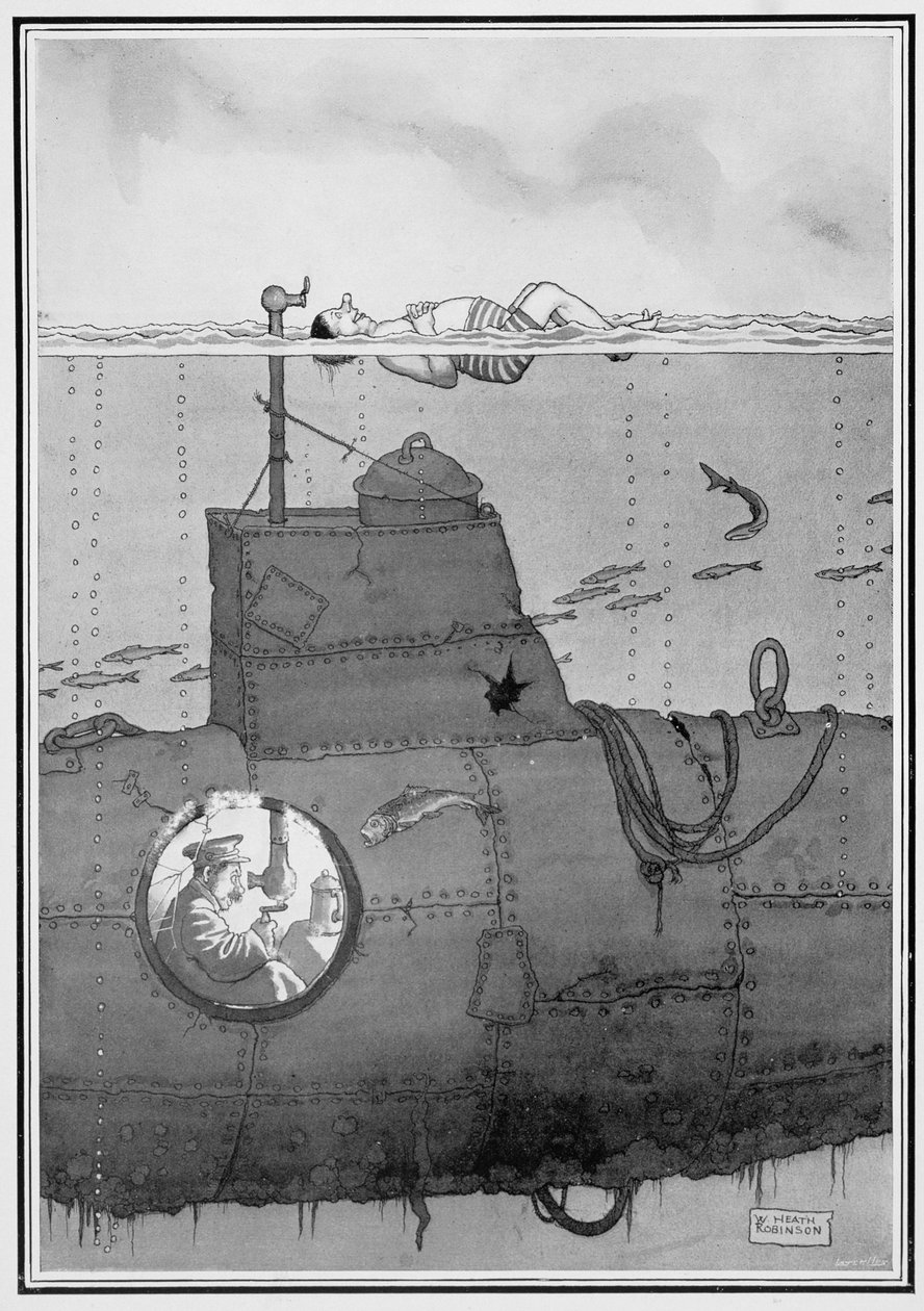 Sukellusvene, elokuvasta Joitakin pelottavia sotakuvia, 1915 (vedos). tekijältä William Heath Robinson
