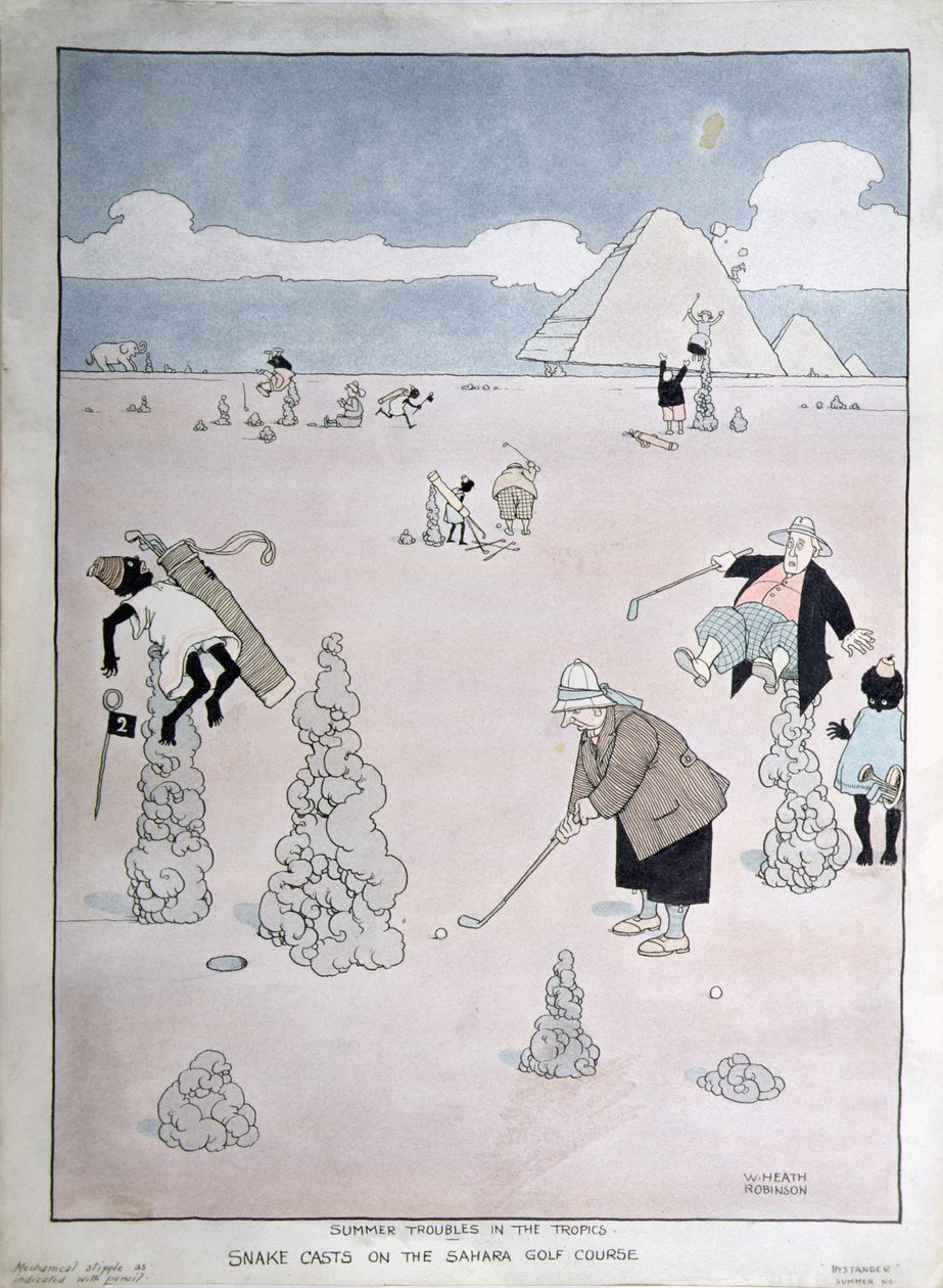 Kesäongelmia tropiikissa – käärmeheittoja Saharan golfkentällä (kynä, muste ja akvarelli) tekijältä William Heath Robinson