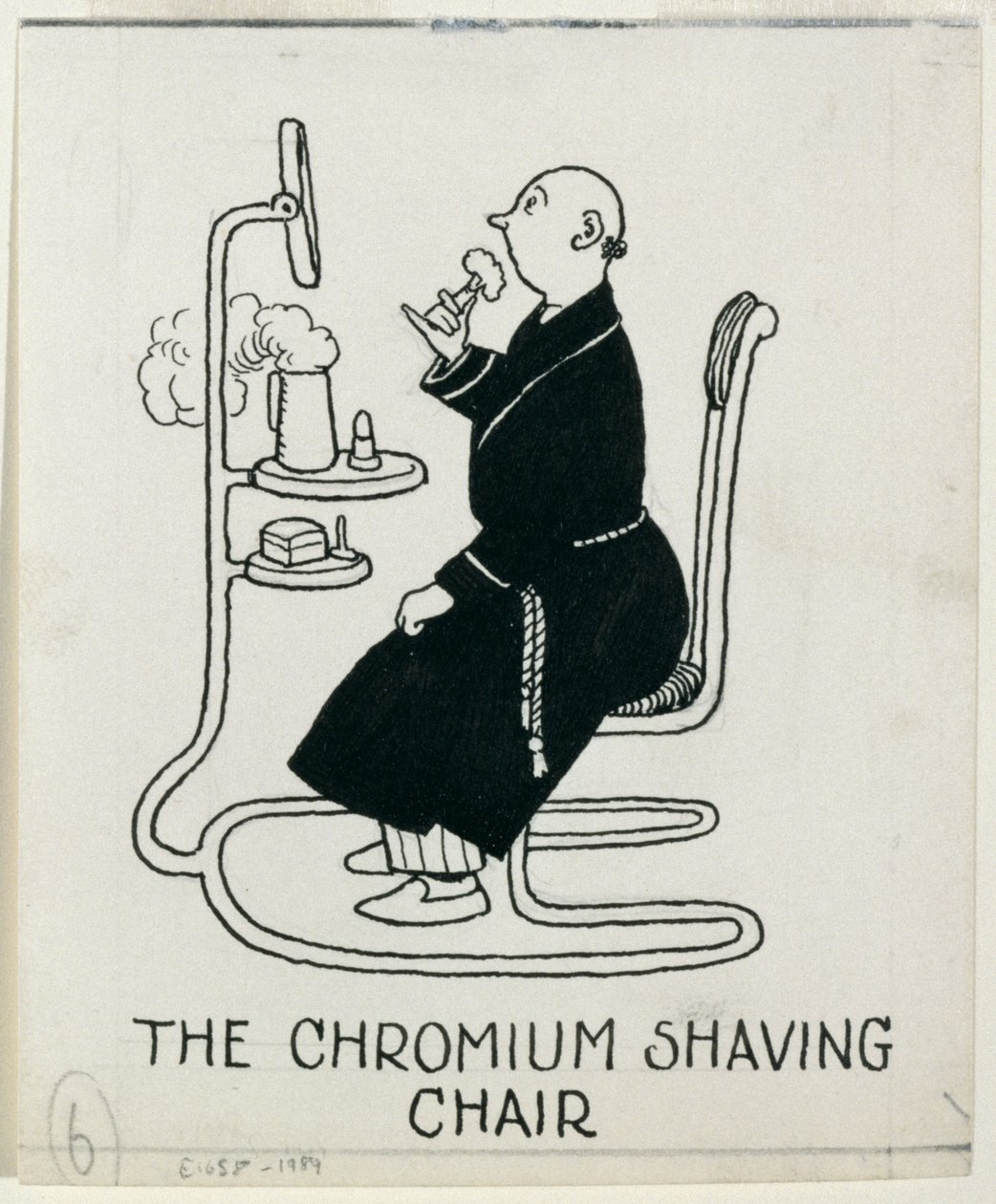 "The Chromium Shaving Chair", yksityiskohta artikkelista "Kuinka asua asunnossa", julkaistu 1936 tekijältä William Heath Robinson