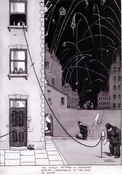"Viimeisin menetelmä herättää erikoiskonstaaleja yön kuolleessa", kuvitus "Keksinnöt", Duckworth 1973 (kynä ja muste, akvarelli) tekijältä William Heath Robinson