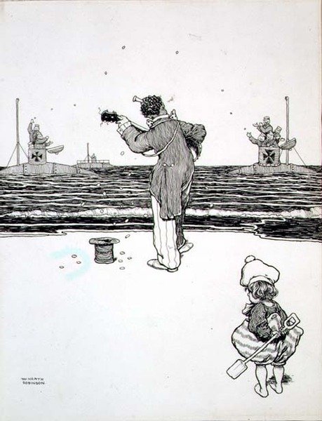 Kauppaa vihollisen kanssa Yarmouth Sandsilla, kappaleesta "Jotkut pelottavat sotakuvat" tekijältä William Heath Robinson