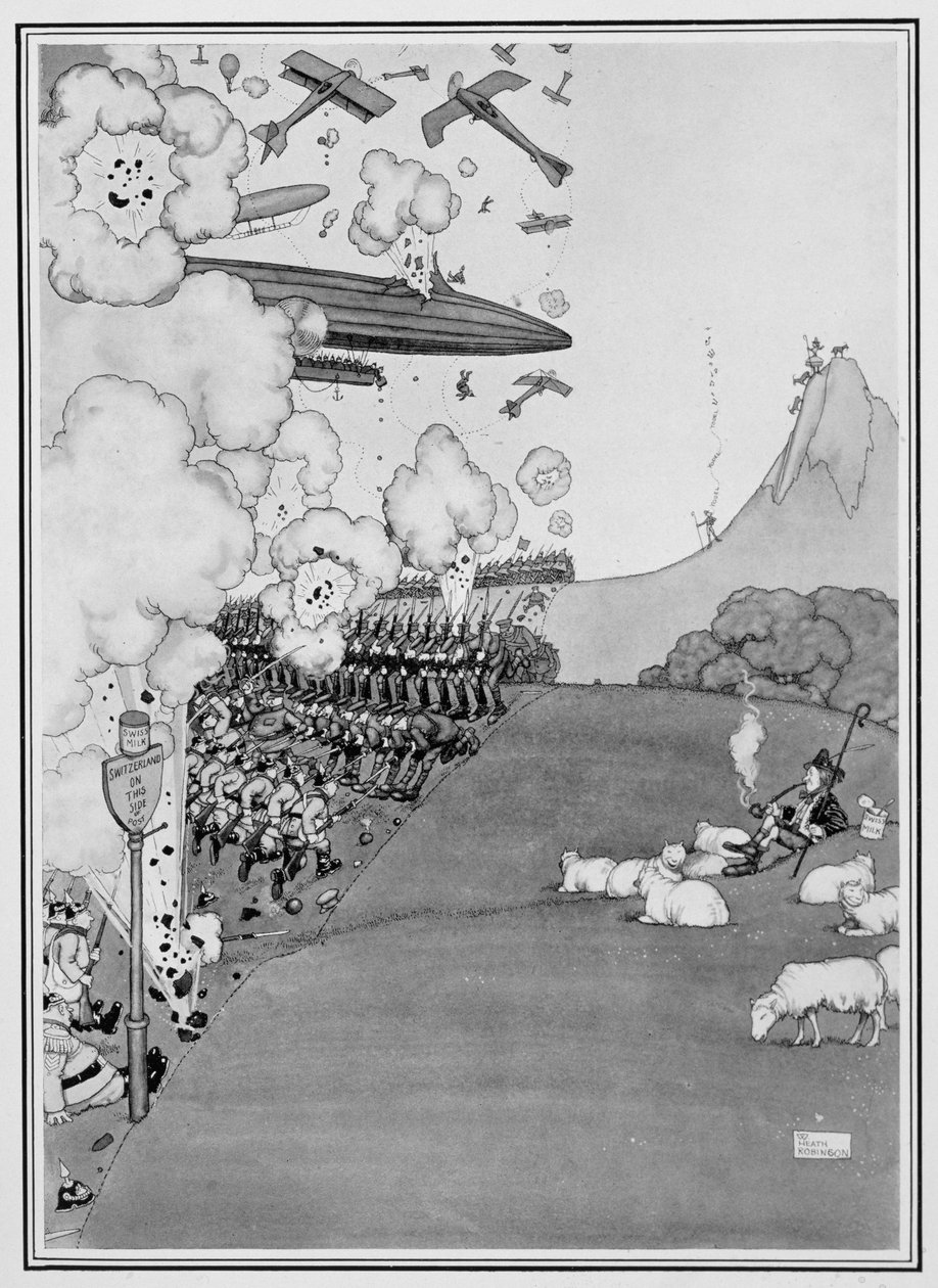Näkymä sodasta Sveitsistä, "Some Frightful War Pictures" -kuvasta, 1915 tekijältä William Heath Robinson