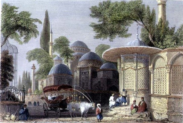 Chahzaden suihkulähde ja moskeija, kaiverrus Roberts Sands (1792-1855) n. 1850 (akvatinta) tekijältä William Henry (after) Bartlett