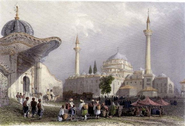 Bajazetin moskeija ja Seraskierin portti, Istanbul, kaivertaja H. Griffiths, noin 1850 (akvatintta). tekijältä William Henry (after) Bartlett
