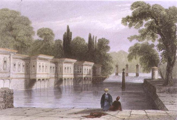 The Palace of the Sweet Waters, Istanbul, kaiverrus W. Mossman, n. 1850 (akvatinta) tekijältä William Henry (after) Bartlett