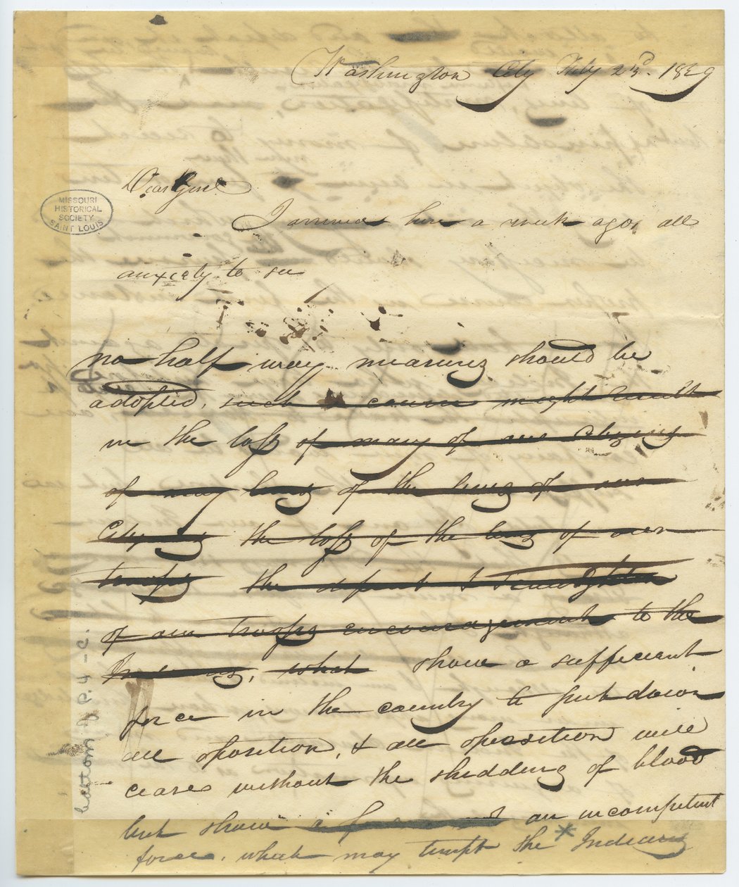 Luonnos William H. Ashleyn kirjeestä Washingtonissa alkaa -”Rakas Genl, saavuin tänne viikko sitten. . . ” tekijältä William Henry Ashley