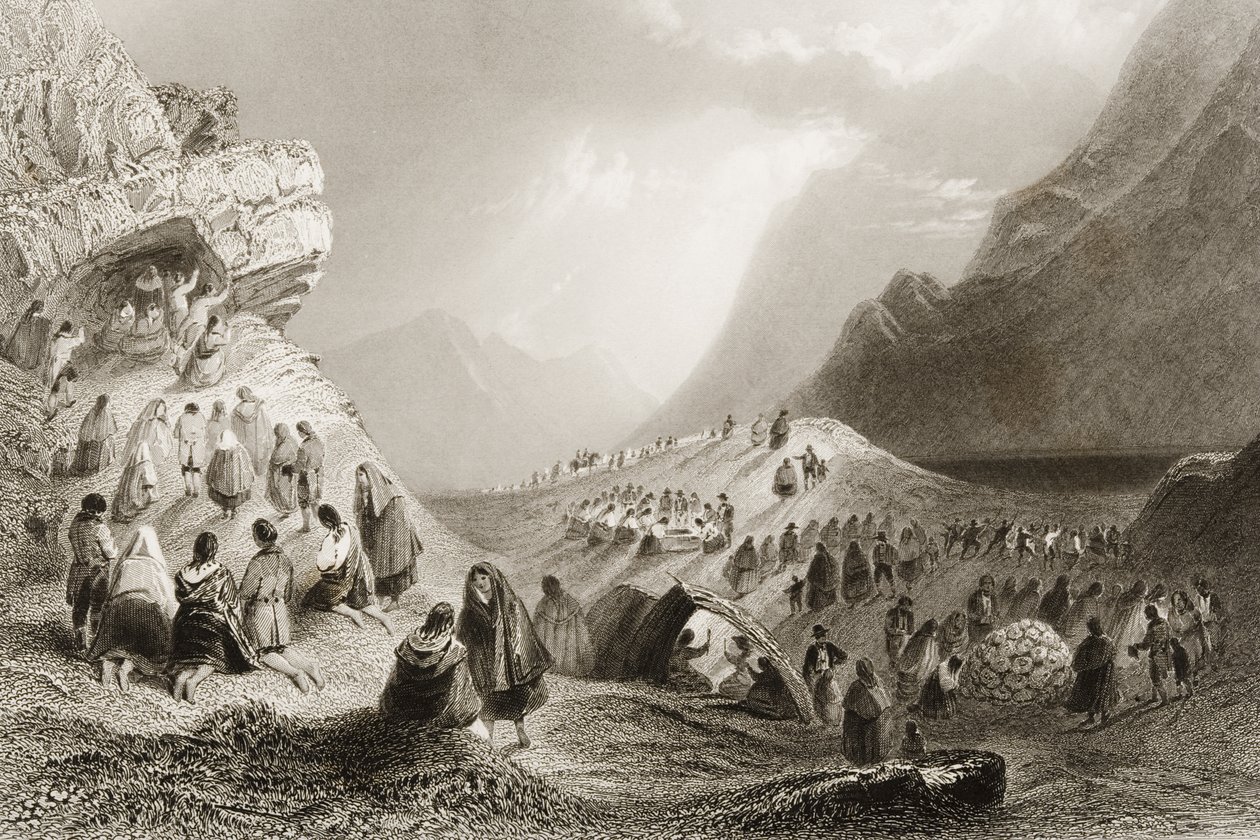 Vierailu Holywelliin Connemarassa, Galwayn kreivikunnassa, Irlannissa, George Virtuen teoksesta "Scenery and Antiquities of Ireland", 1860-luku tekijältä William Henry Bartlett