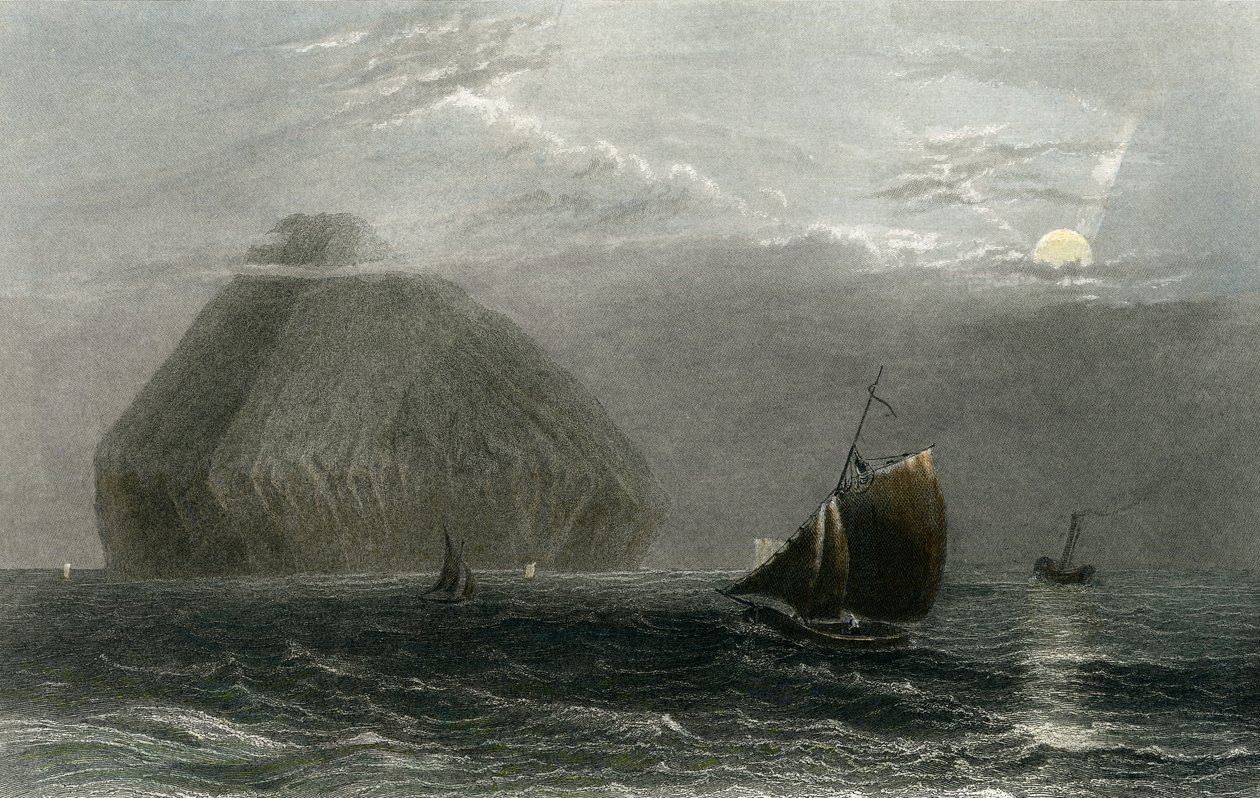 Ailsa Craig, kaivertaja J. T. Willmore (käsin väritetty kaiverrus). tekijältä William Henry Bartlett