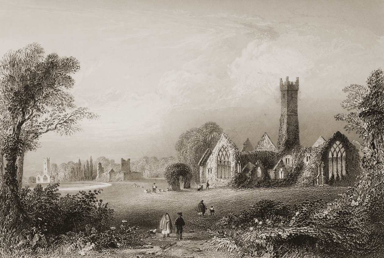 Augustinian Abbey Adaressa, Limerickin kreivikunnassa, Irlannissa George Virtuen "Scenery and Antiquities of Ireland" -teoksesta, 1860-luku tekijältä William Henry Bartlett
