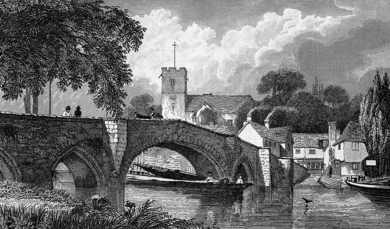 Aylesfordin kirkko ja silta, kaiverrettu B. Winklesin toimesta, julkaistu 1829. tekijältä William Henry Bartlett