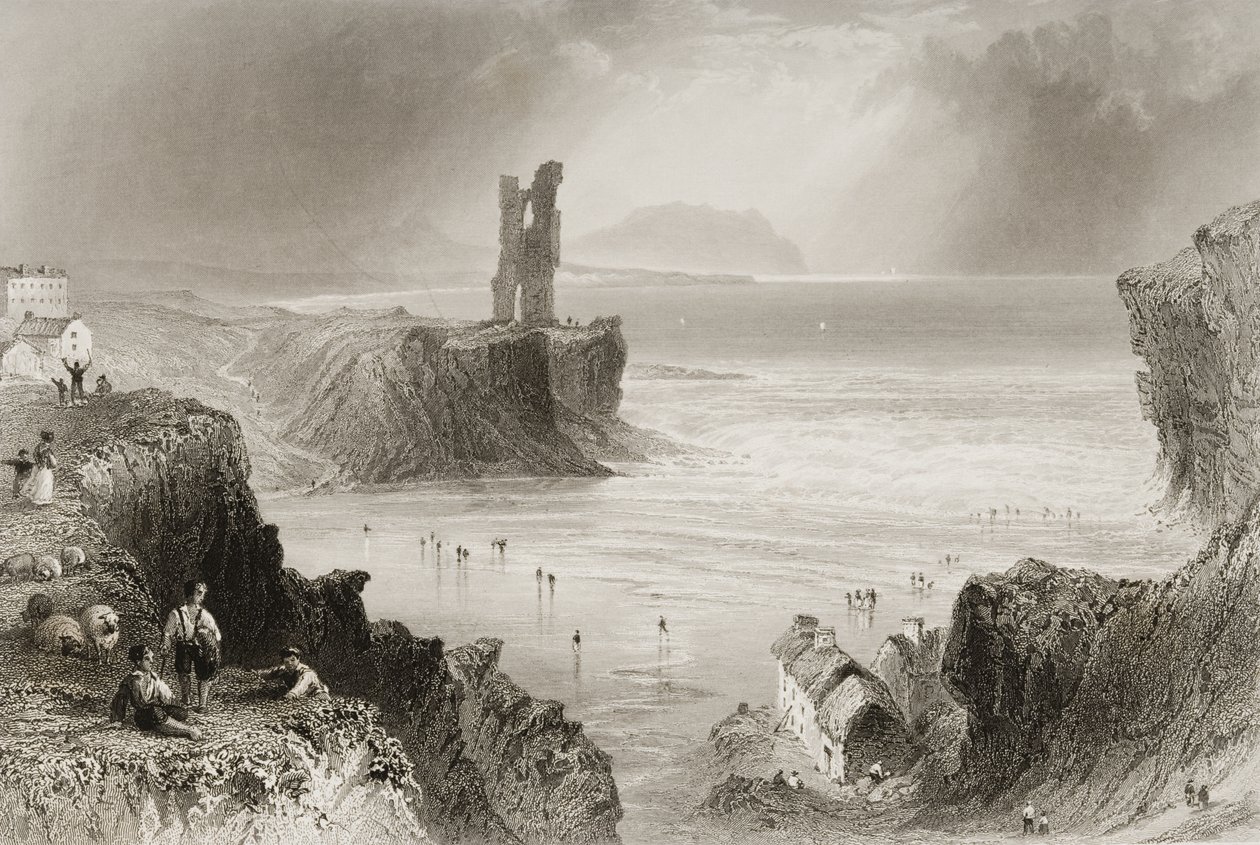 Ballybunnion, County Kerry, Irlanti, George Virtuen teoksesta "Scenery and Antiquities of Ireland", 1860-luku tekijältä William Henry Bartlett