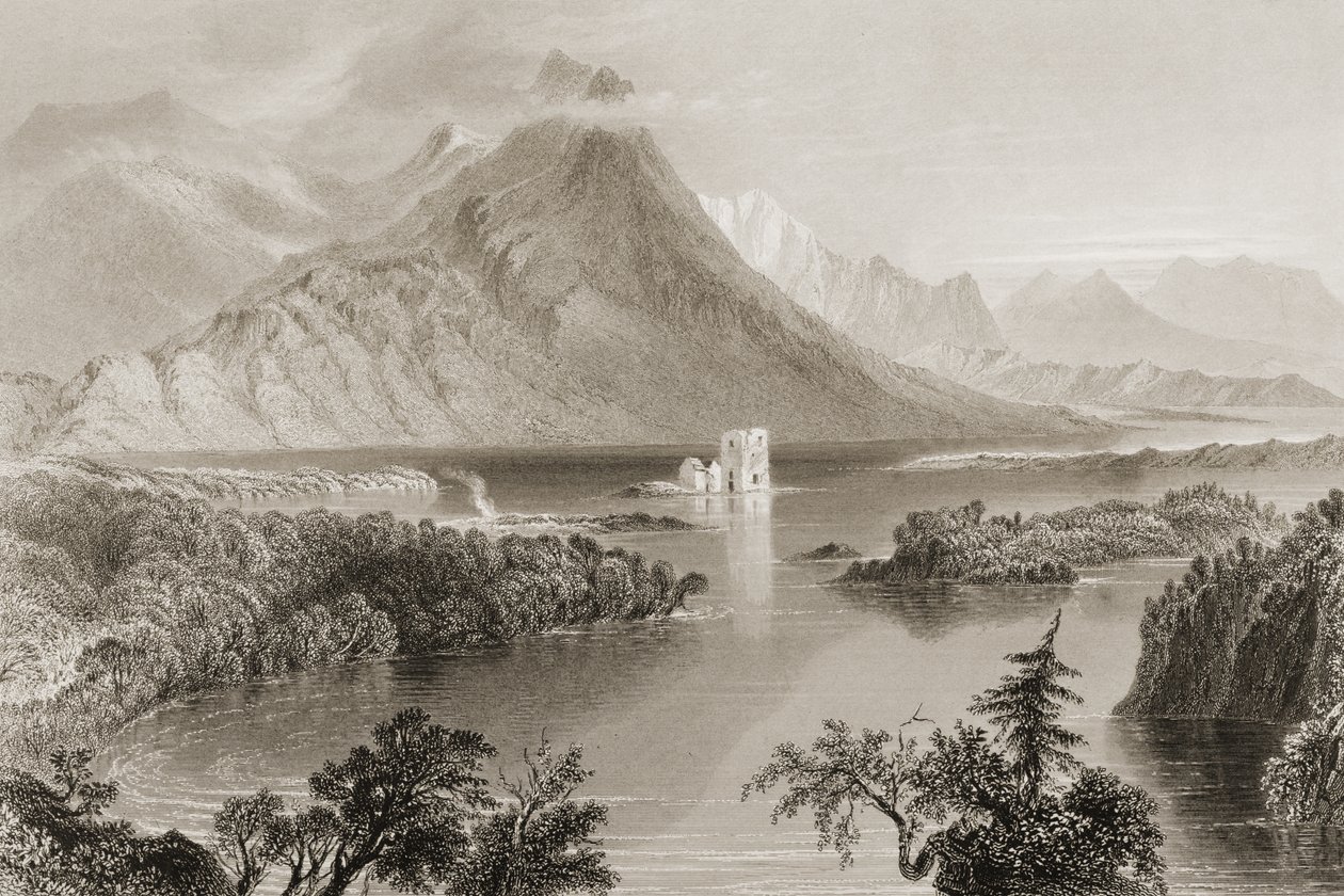 Ballynahinch, Connemara, Galwayn kreivikunta, Irlanti, George Virtuen teoksesta "Scenery and Antiquities of Ireland", 1860-luku tekijältä William Henry Bartlett