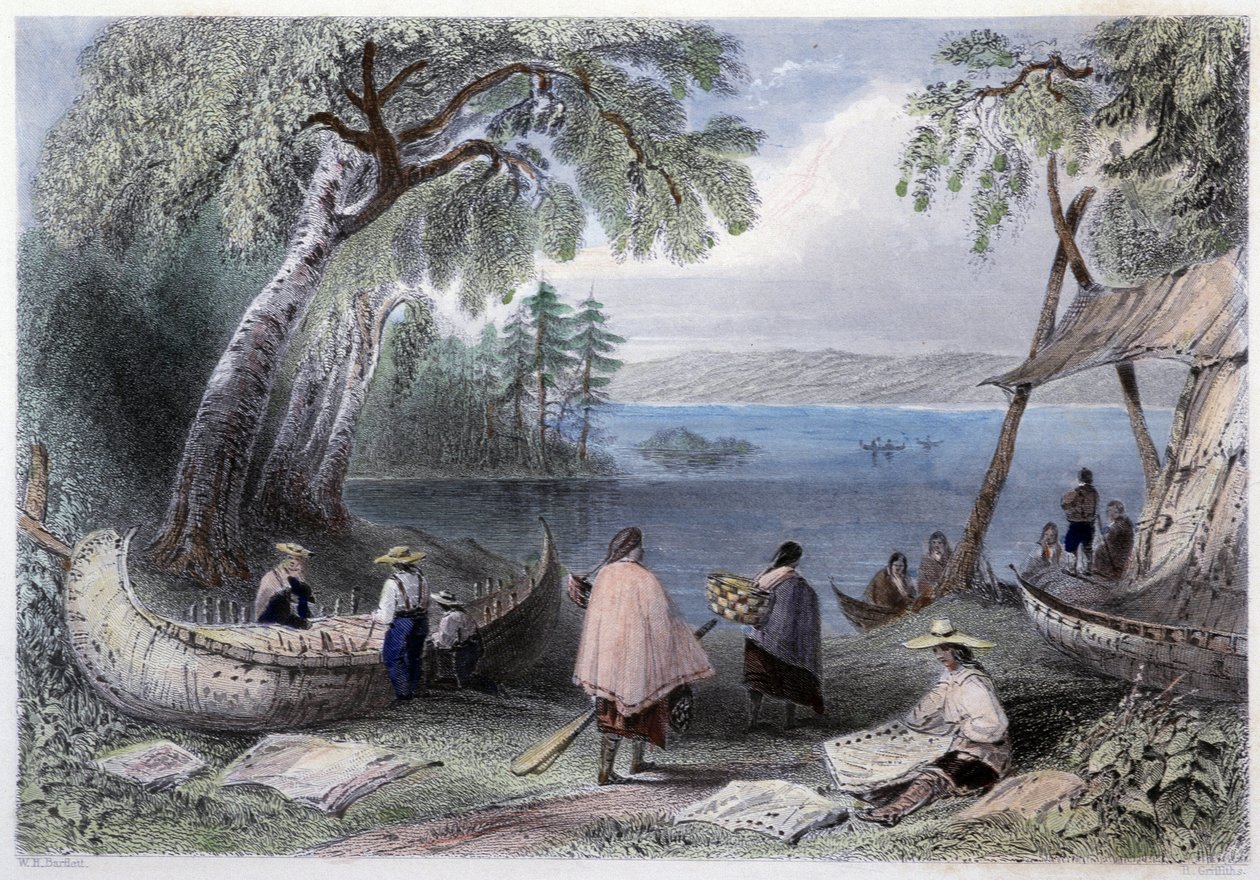 Kanootin rakentaminen Pappers-saarilla lähellä Ottawa-jokea - Bartlett W. H.:n "" kanadalaisissa maisemissa kuvittamassa"" tekijältä William Henry Bartlett