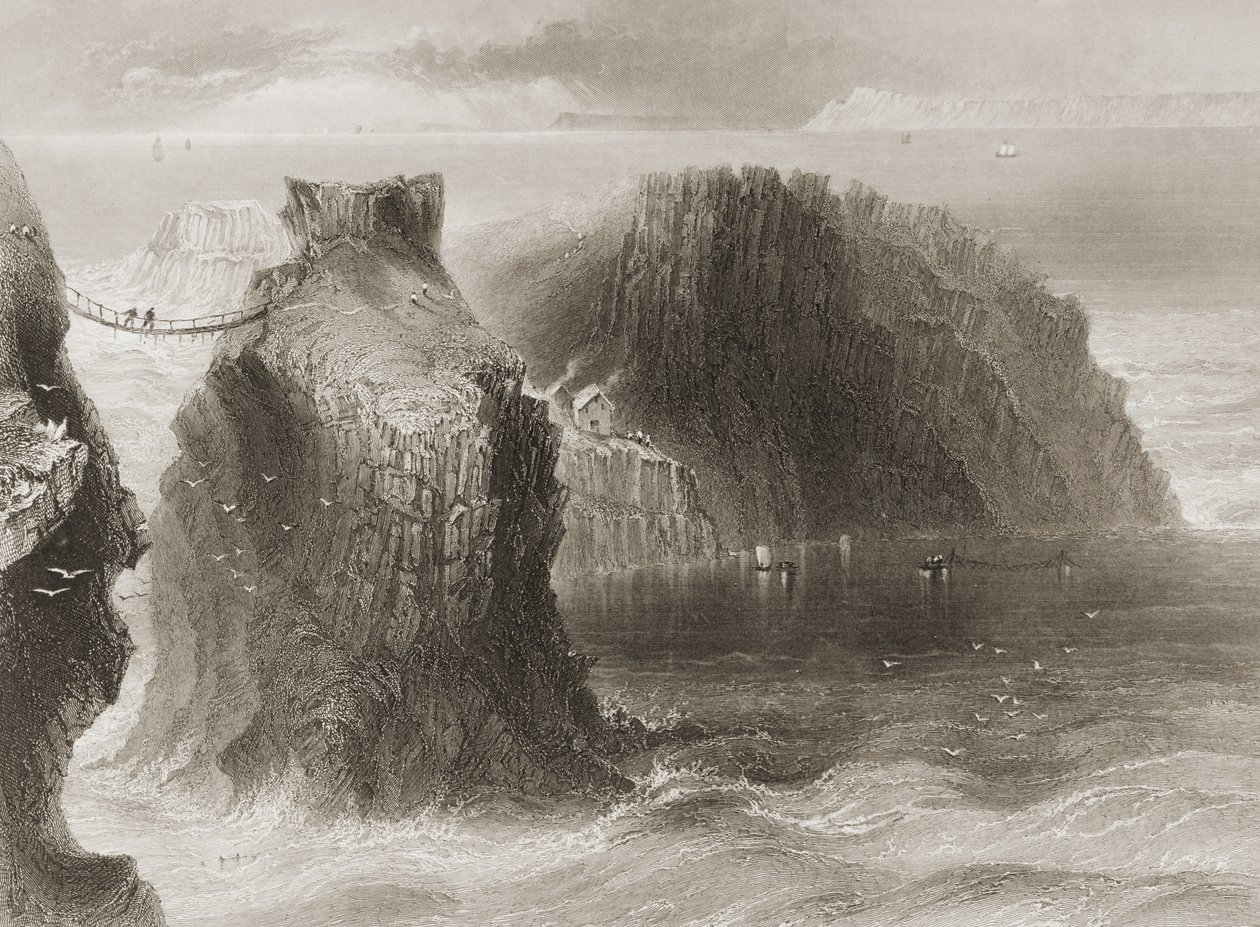Carrick-a-Rede Rope Bridge, Antrimin kreivikunta, Pohjois-Irlanti, George Virtuen "Scenery and Antiquities of Ireland", 1860-luku tekijältä William Henry Bartlett