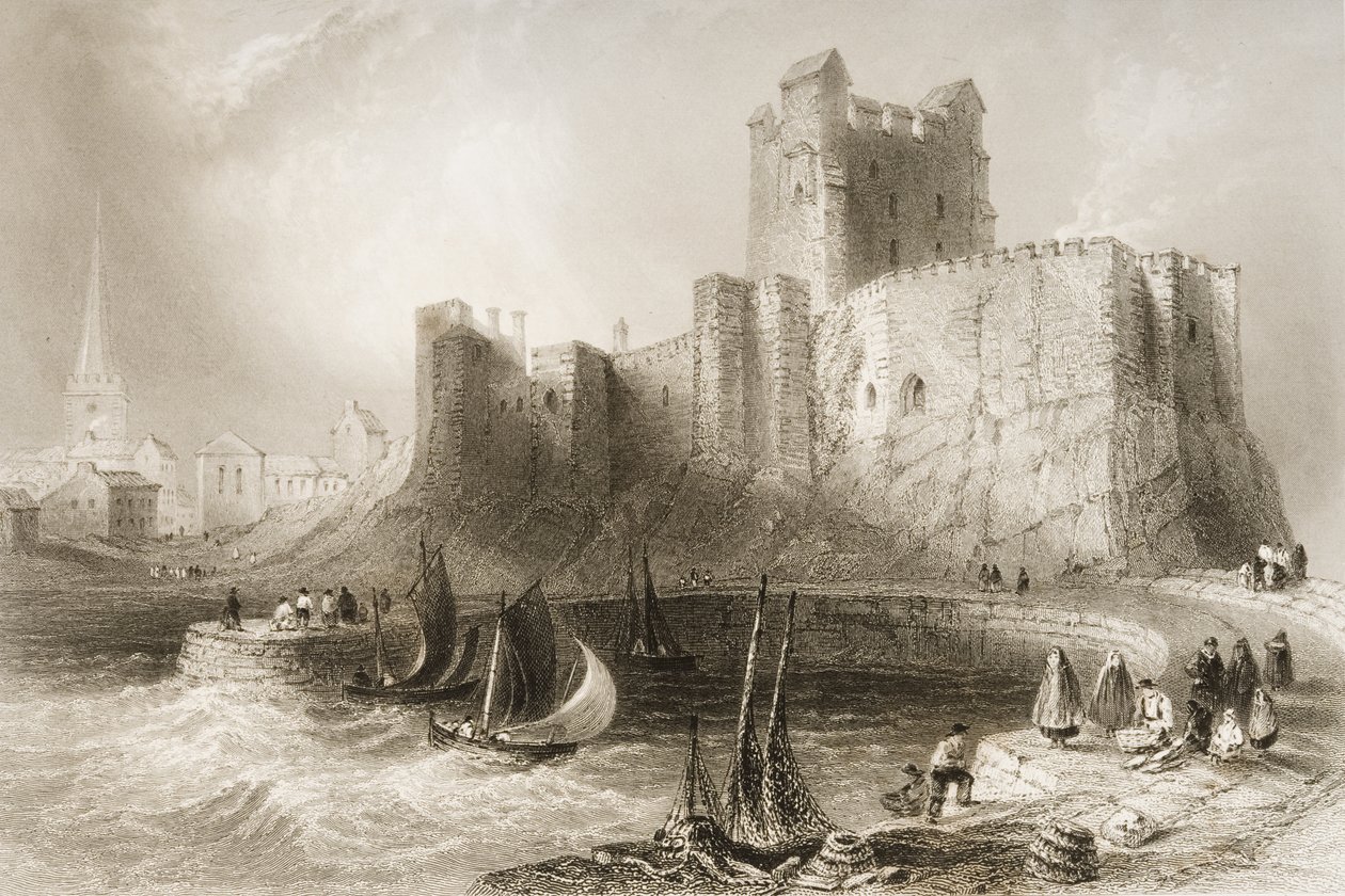 Carrickfergusin linna, Antrimin kreivikunta, Pohjois-Irlanti, George Virtuen "Scenery and Antiquities of Ireland", 1860-luku tekijältä William Henry Bartlett