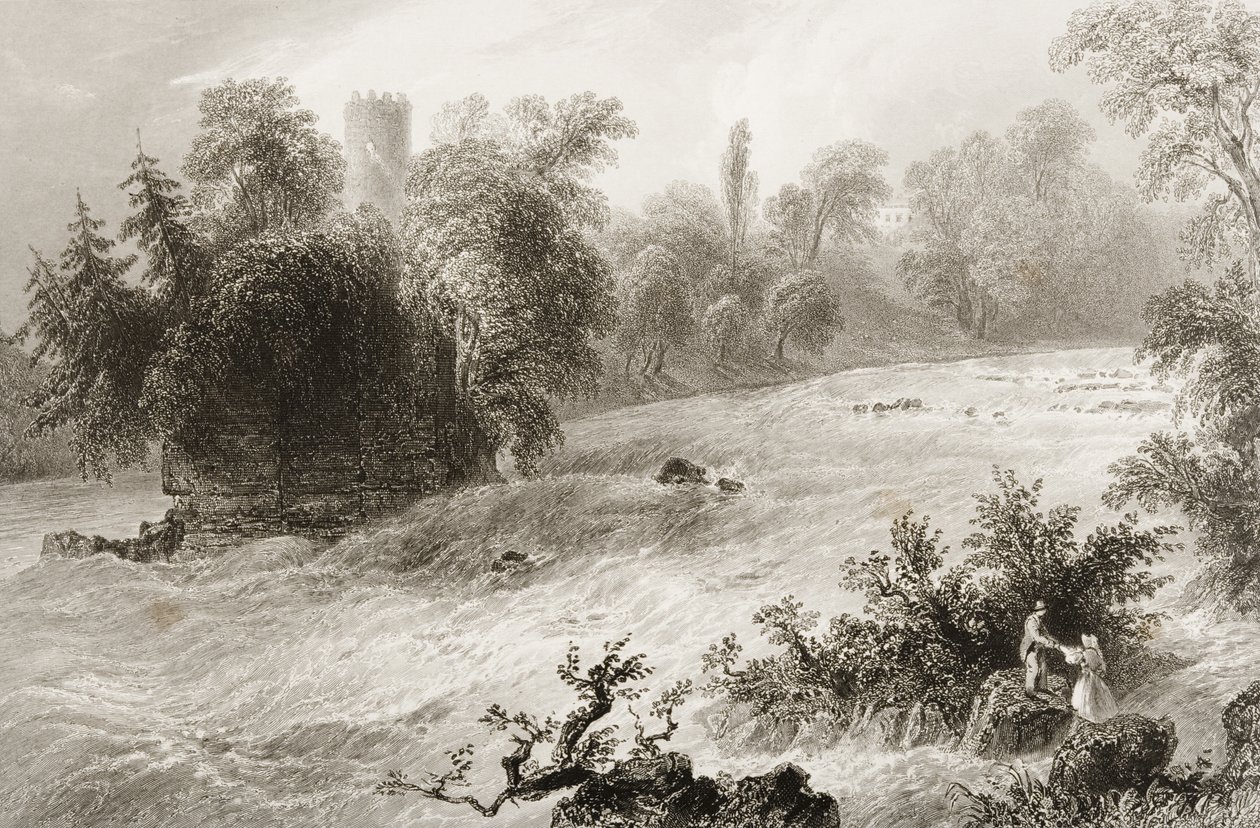 Castleconnell ja Doonass Rapids, Limerickin kreivikunta, Irlanti, George Virtuen teoksesta "Scenery and Antiquities of Ireland", 1860-luku tekijältä William Henry Bartlett