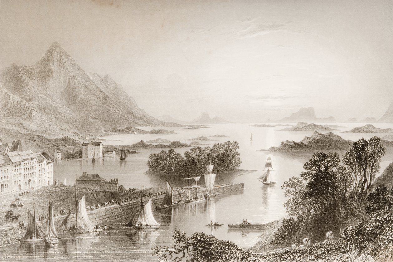 Clew Bay nähtynä Westportista Mayon kreivikunnasta George Virtuen "Scenery and Antiquities of Ireland" -elokuvasta, 1860-luku tekijältä William Henry Bartlett