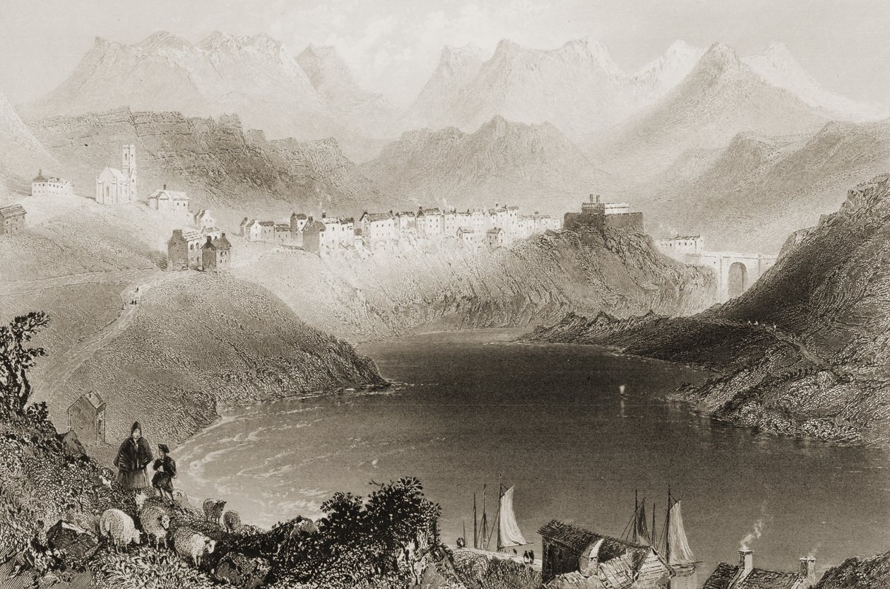 Clifden, Connemara, Galwayn kreivikunta, Irlanti, George Virtuen teoksesta "Scenery and Antiquities of Ireland", 1860-luku tekijältä William Henry Bartlett