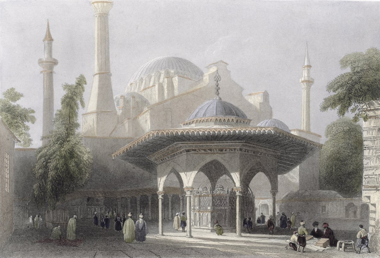 Pyhän Sofian hovi ja suihkulähde, Istanbul, kaiverrettu J. Redawayn toimesta, noin 1850 (akvatintta). tekijältä William Henry Bartlett