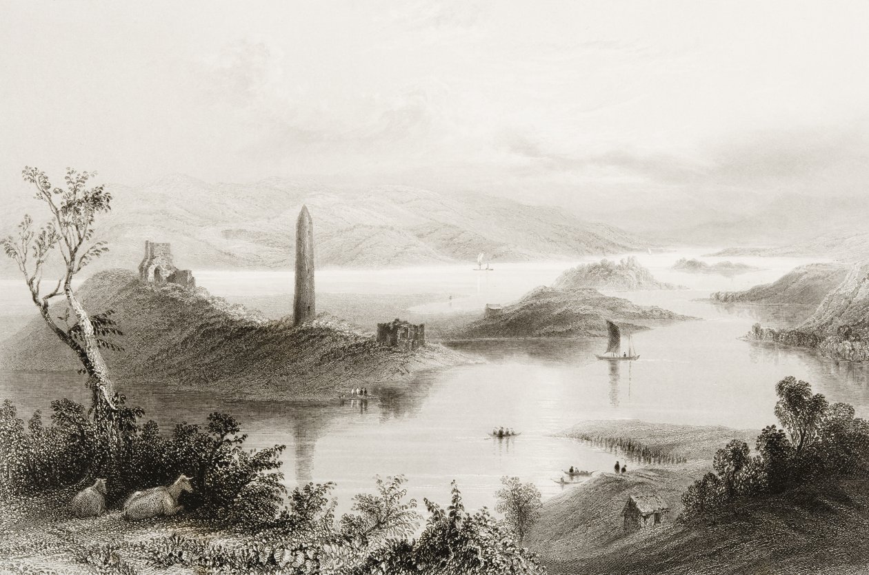 Devenish Island, Fermanaghin kreivikunta, Irlanti, George Virtuen teoksesta "Scenery and Antiquities of Ireland", 1860-luku tekijältä William Henry Bartlett