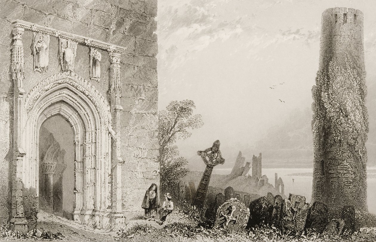 Ovi temppeliin, Clonmacnois, Offalyn kreivikunta, Irlanti, George Virtuen teoksesta "Scenery and Antiquities of Ireland", 1860-luku tekijältä William Henry Bartlett