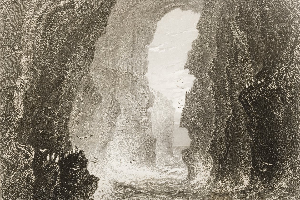 Dunkerry Cave, Antrimin kreivikunta, Pohjois-Irlanti, George Virtuen teoksesta "Scenery and Antiquities of Ireland", 1860-luku tekijältä William Henry Bartlett