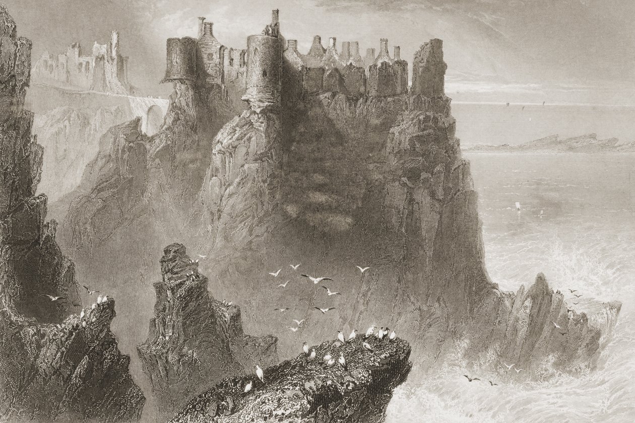 Dunlucen linna, Antrimin kreivikunta, Pohjois-Irlanti, George Virtuen teoksesta "Scenery and Antiquities of Ireland", 1860-luku tekijältä William Henry Bartlett