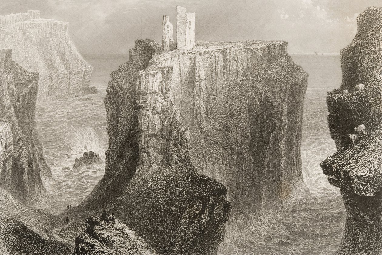 Dunseverick Castle, Antrimin kreivikunta, Pohjois-Irlanti, George Virtuen "Scenery and Antiquities of Ireland", 1860-luku tekijältä William Henry Bartlett