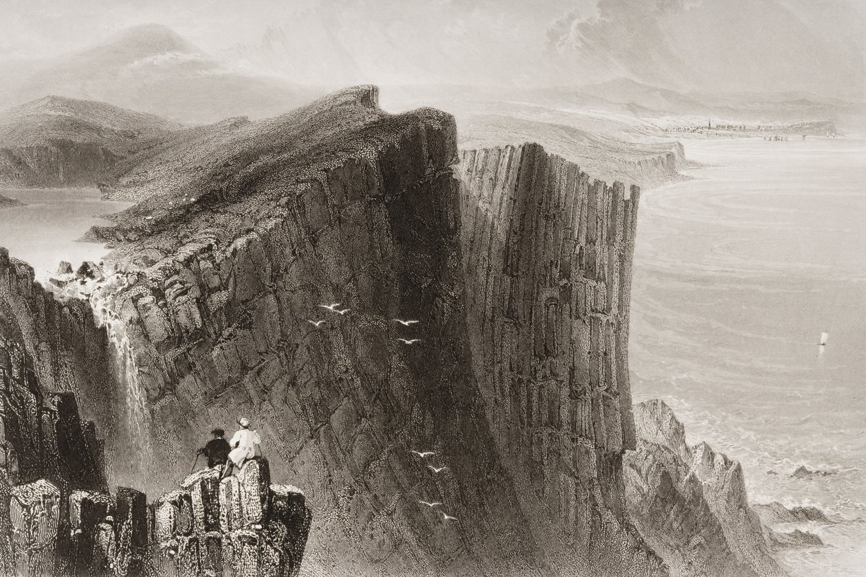 Fairhead, Antrimin kreivikunta, Pohjois-Irlanti, George Virtuen "Scenery and Antiquities of Ireland", 1860-luku tekijältä William Henry Bartlett